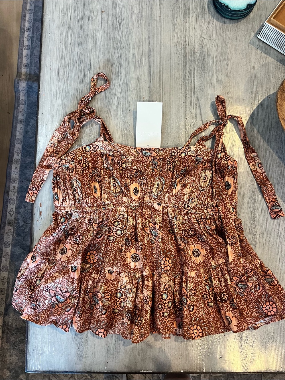 Ulla Johnson Brown Floral Tie-Shoulder Smocked top